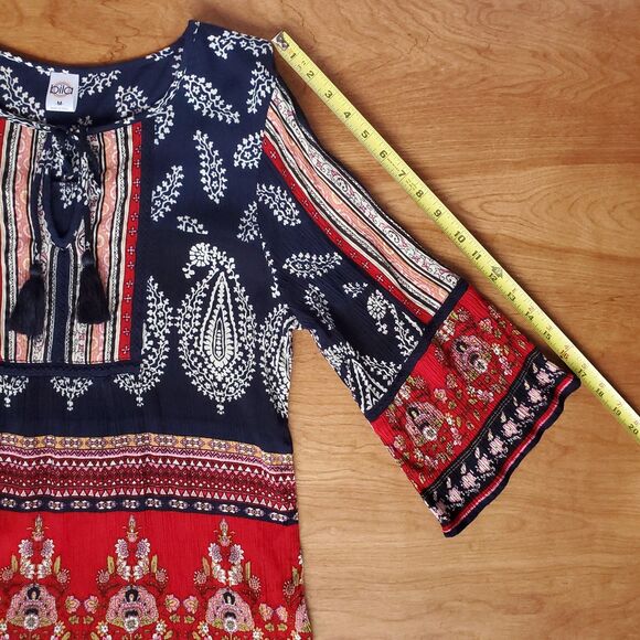 BILA Tunic Top Womens M Blue Red Floral Boho Peasant 3/4 Sleeve Tassel Paisley - Picture 14 of 14